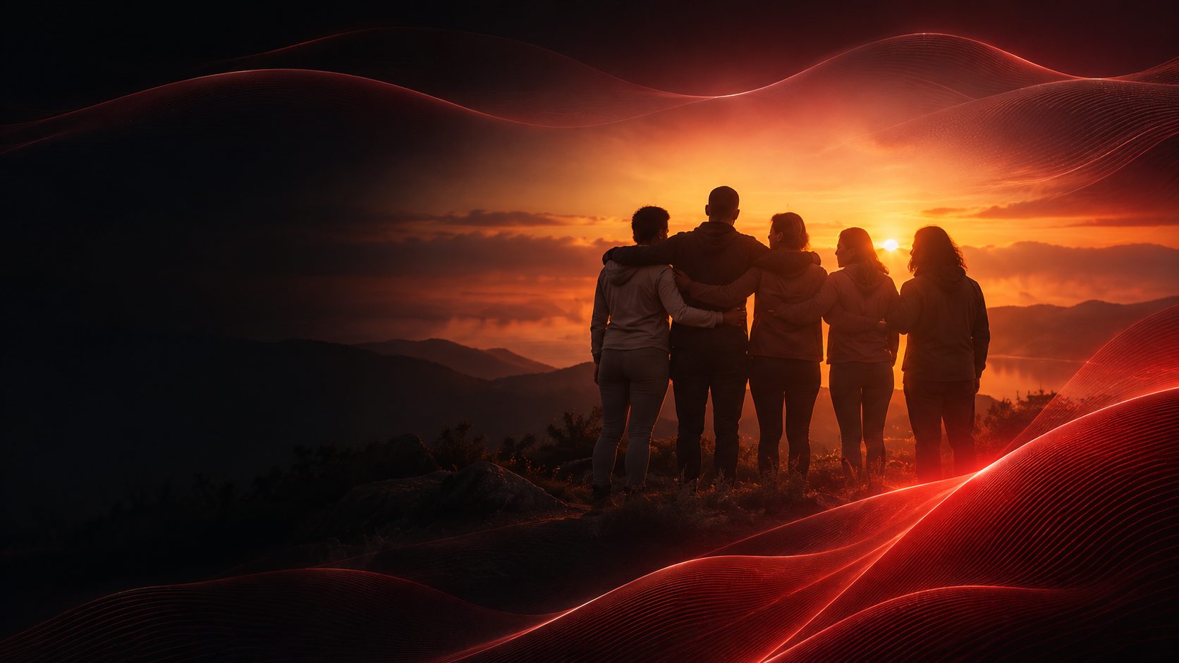 Group of friends embracing at sunrise on a mountaintop