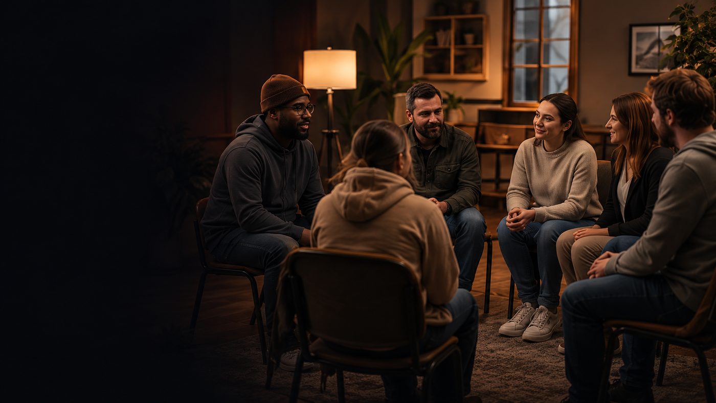 A peer support meeting — people sitting in a circle, talking and smiling